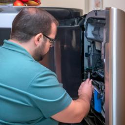 Một bức ảnh về kỹ thuật viên sửa chữa tủ lạnh nội địa Sanyo để khắc phục vấn đề mã lỗi.